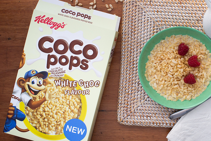 The new Coco Pops White Choc Flavour from Kellogg's, now available in Australia.