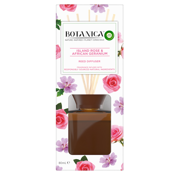 The Island Rose & African Geranium home fragrance reed diffuser from Airwick by Botanica
