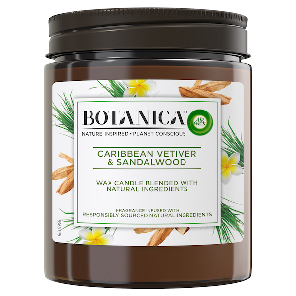 The Caribbean Vetiver & Sandalwood home fragrance candle from Airwick by Botanica