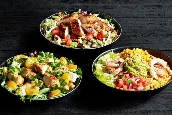 Chicken and Fetta Salad, Chicken Salad and Pulled Chicken Bowl bunless burger salads from Oporto