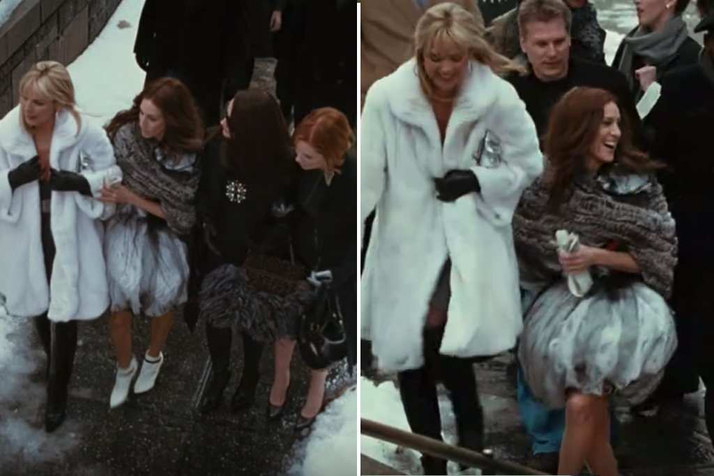 Carrie Bradshaw in a bubble skirt and white boots along with a fur.
