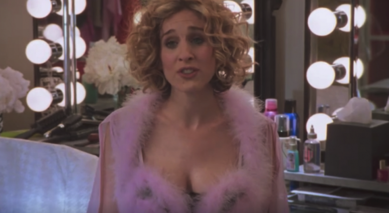 Carrie Bradshaw wearing fluffy pink lingerie