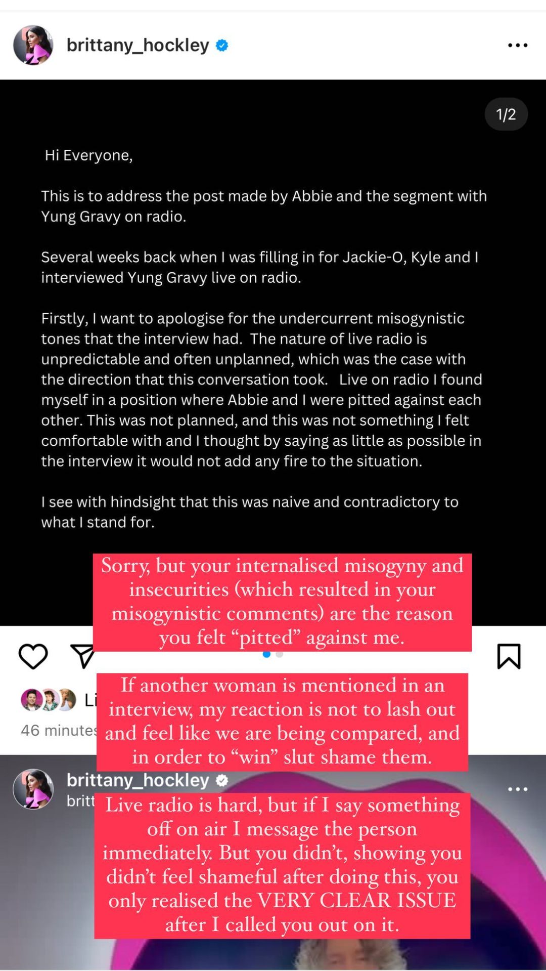 Abbie Chatfield Responds To Brittany Hockley's Statement Via Instagram Statement Slut shaming Kyle and Jackie O Show