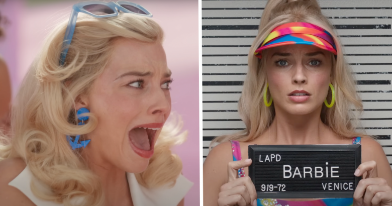 Two photos of Margot Robbie as Barbie