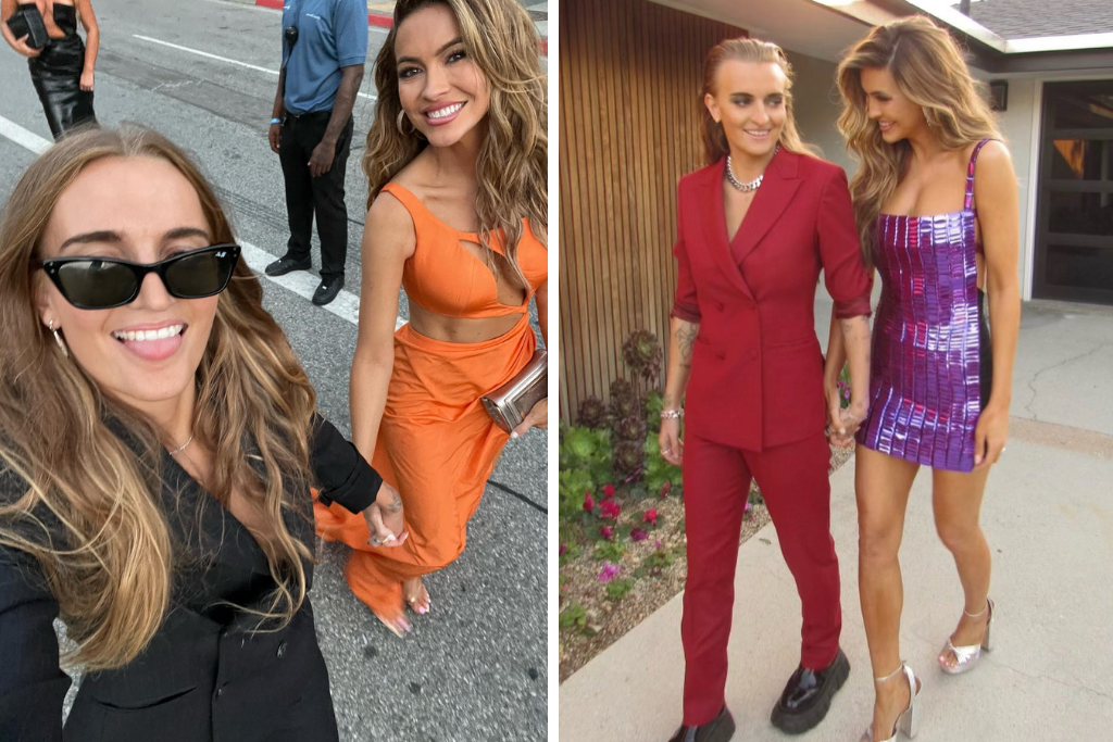 Two photos of G Flip and Chrishell Stause
